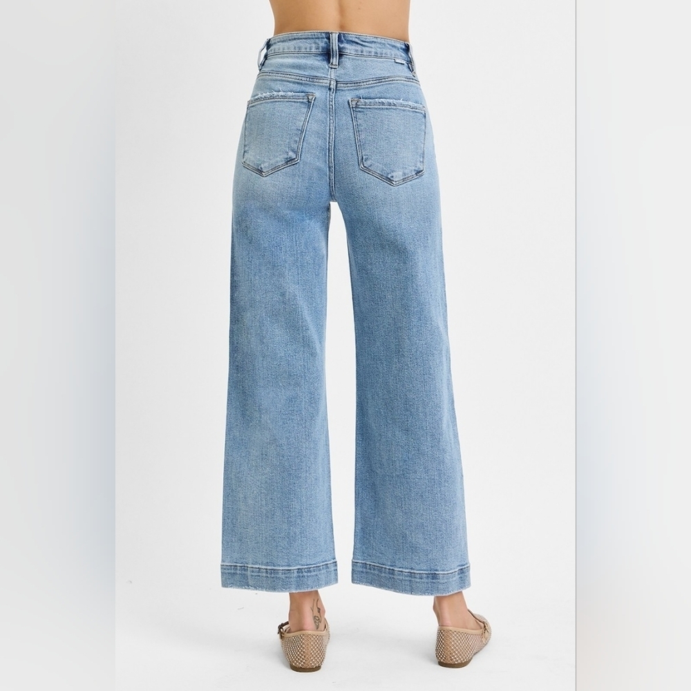 Risen High Rise Light Wash Wide Leg Cropped Ankle Jeans Front Seam Various NEW - Picture 5 of 6